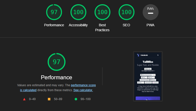 Tailbliss Google Lighthouse Score